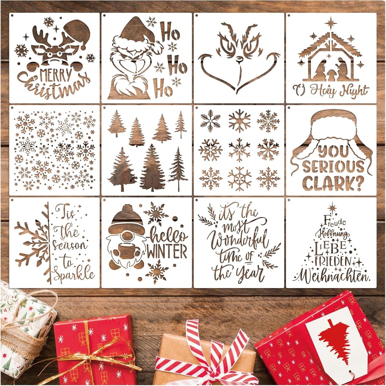 Christmas Stencils for Crafts Small Reusable Christmas Holiday Stencils(12 Christmas)6"L x 6"W